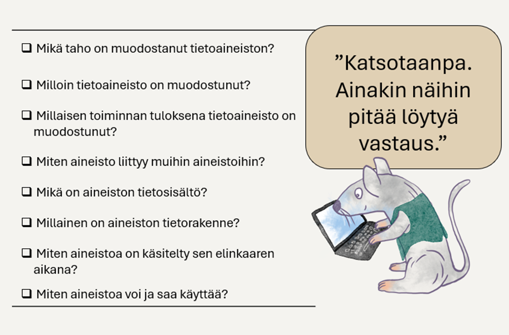 Piirroshiiri tutkii tietokonetta ja kuvailuun liittyviä kysymyksiä. Puhekuplassa lukee katsotaanpa, ainakin näihin pitää löytyä vastaus.