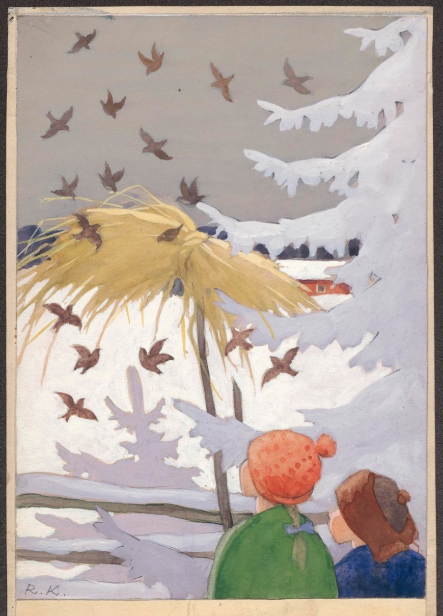 Kuvassa on kaksi lasta katselemassa kauralyhdettä ja lyhteen ympärillä lenteleviä lintuja. Maisema on luminen ja lapsilla on talvivaatteet.