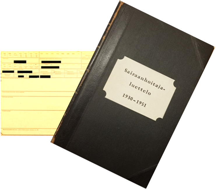 Kuva esimerkkiaineistoon kuuluvan kortiston yksittäisestä kortista ja sidoksesta, jonka kannessa olevassa nimiössä lukee Sairaanhoitajaluettelo 1930 - 1951