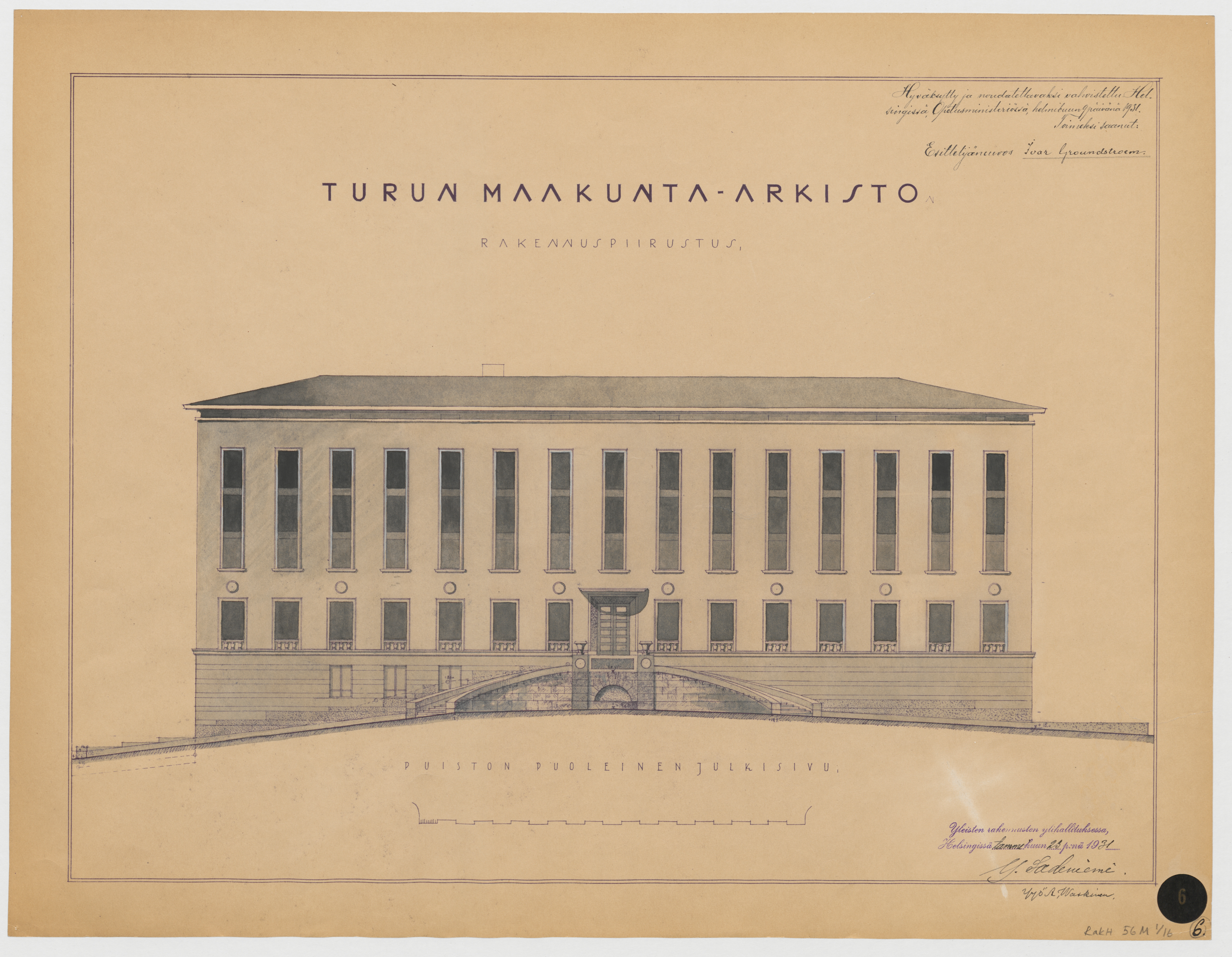 Kuvassa on Turun maakunta-arkiston julkisivua esittävä rakennuspiirustus.