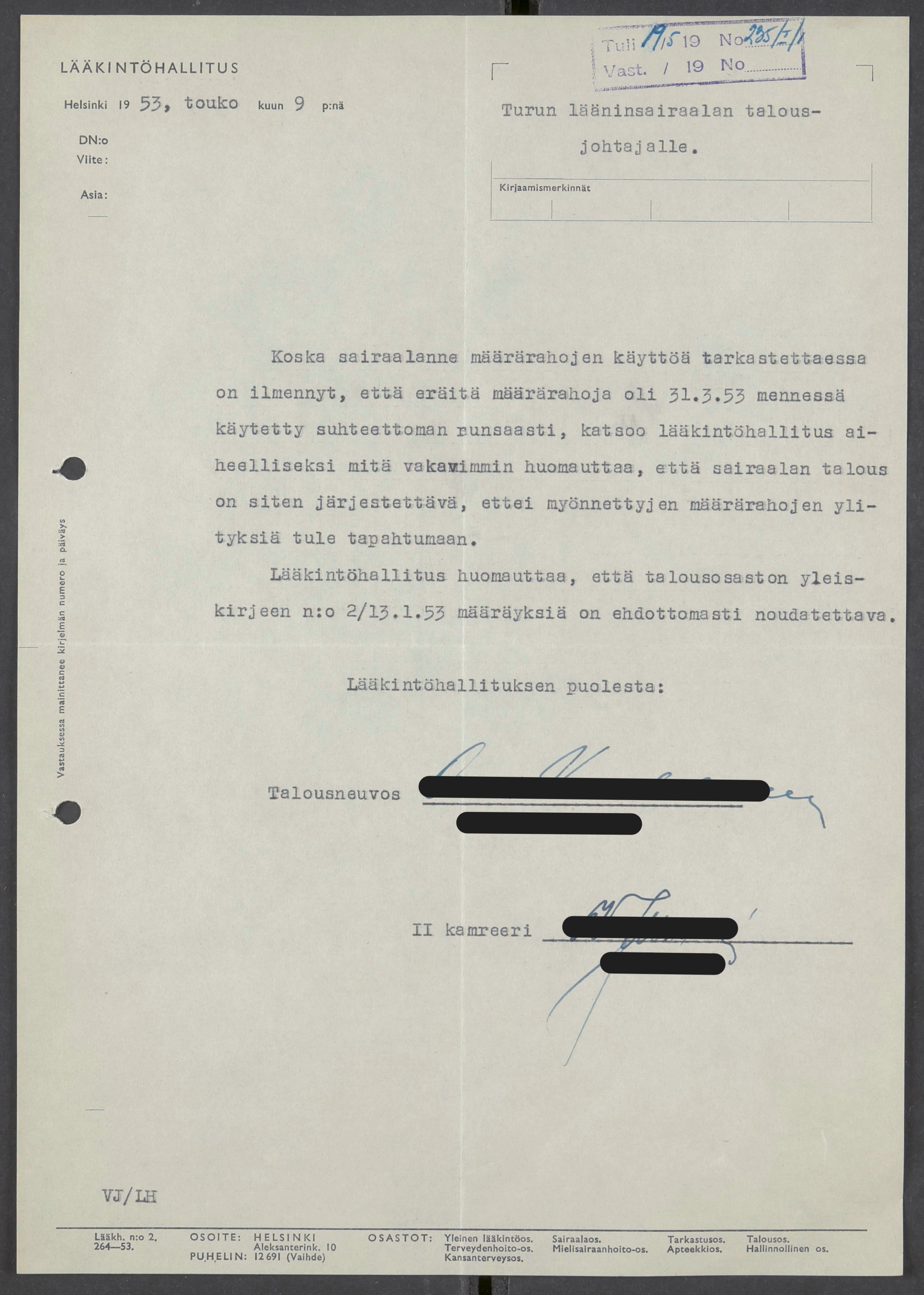 Kuvassa on Lääkintöhallituksen lääninsairaalalle lähettämä koneella kirjoitettu kirje vuodelta 1953.