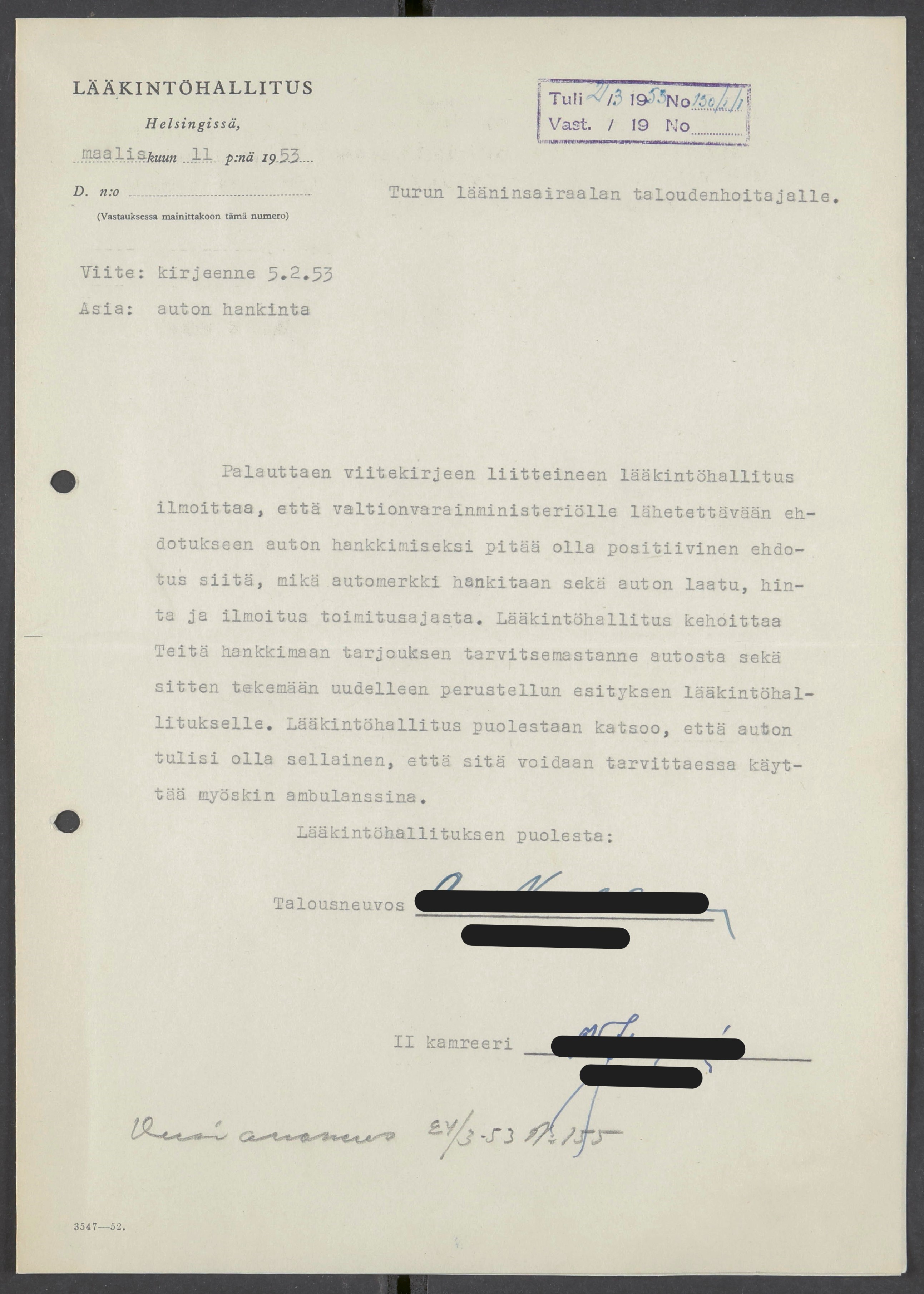 Kuvassa on Lääkintöhallitukselta lääninsairaalalle lähettämä koneella kirjoitettu kirje vuodelta 1953.