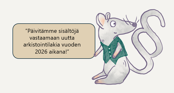 Kuva. Piirroshiiri kertoo puhekuplan kautta, että oppaiden sistältöjä ollaan päivittämässä.